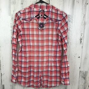Wrangler Rock 47 Pearl Snap Shirt Long Sleeve Plaid Embroidered Womens M